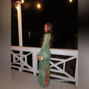 Albina Dyla Emerald Beaded Gown